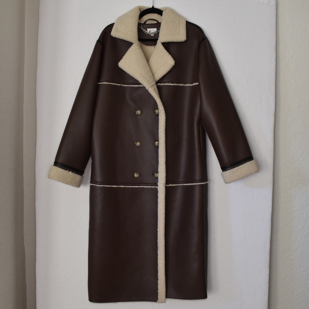 Song of Style Farrah Coat Brown Faux Leather Shearling Trench Long M RN132829